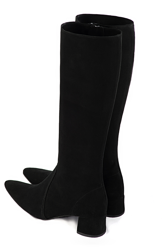 Matt black women's feminine knee-high boots. Tapered toe. Low flare heels. Made to measure. Rear view - Florence KOOIJMAN